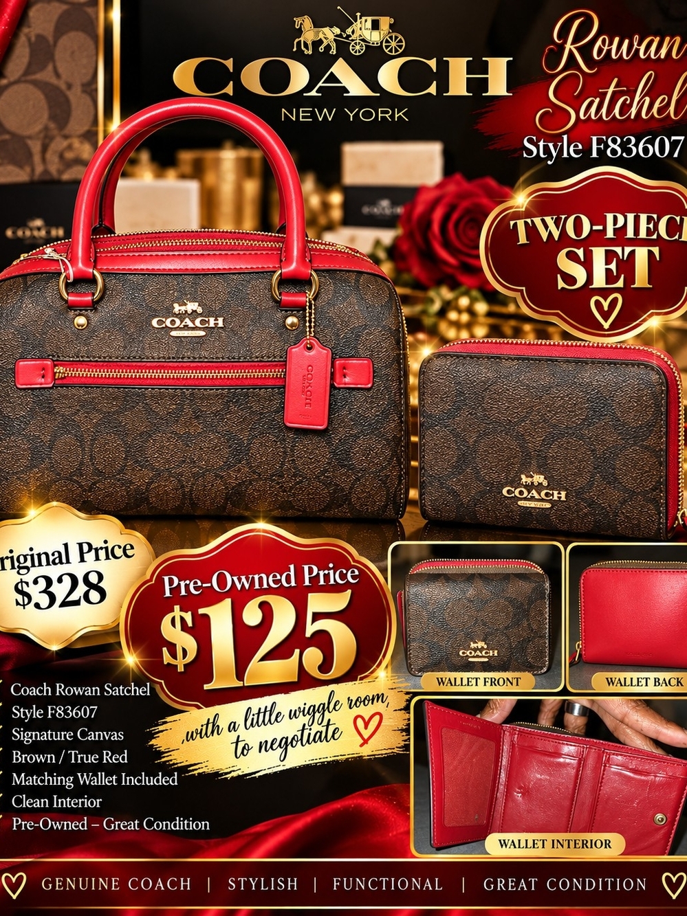 Coach Rowan Satchel and Matching Wallet in Brown and Red